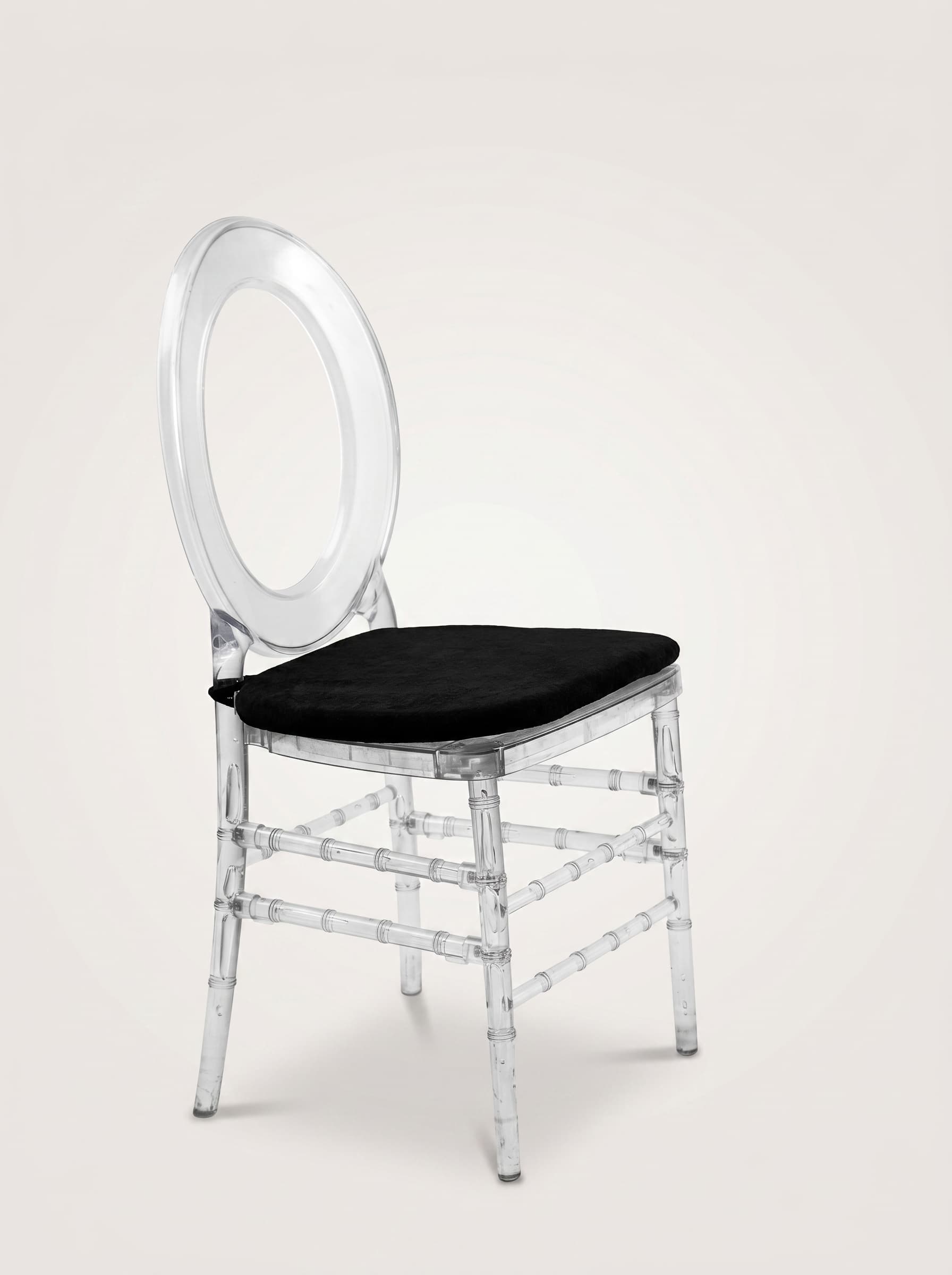 Clear Acrylic Oval-Back Ghost Chair — Black Cushion